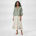 Sage Green Shirt & White Embroidered Skirt Set
