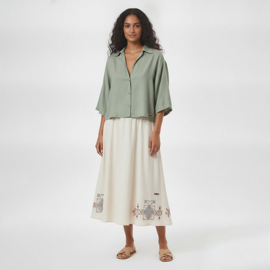 Sage Green Shirt & White Embroidered Skirt Set