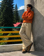 Cognac Funnel-Collar Jacket & Beige Trousers