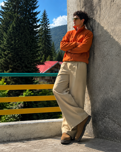 Cognac Funnel-Collar Jacket & Beige Trousers