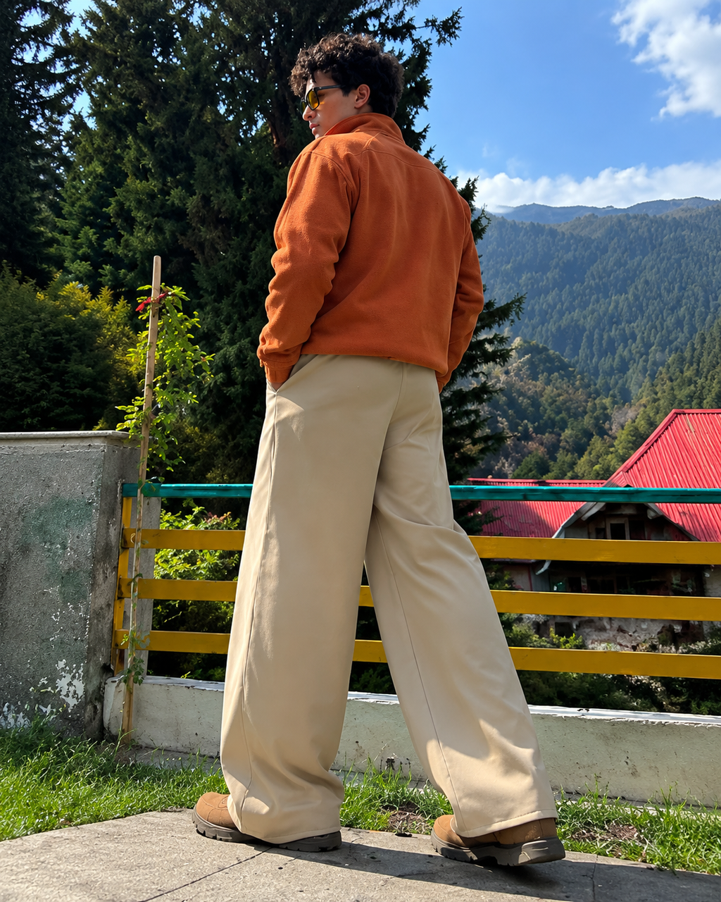 Cognac Funnel-Collar Jacket & Beige Trousers
