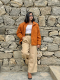 Cognac Wool-Blend Funnel-Neck Jacket & Trouser Set