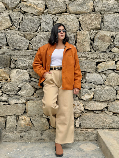 Cognac Wool-Blend Funnel-Neck Jacket & Trouser Set