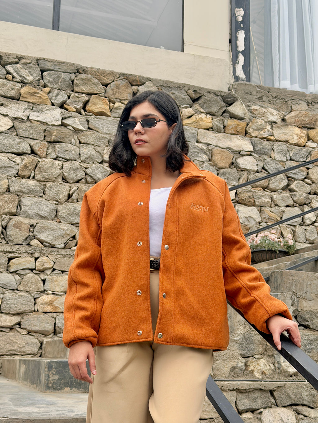 Cognac Wool-Blend Funnel-Neck Jacket & Trouser Set