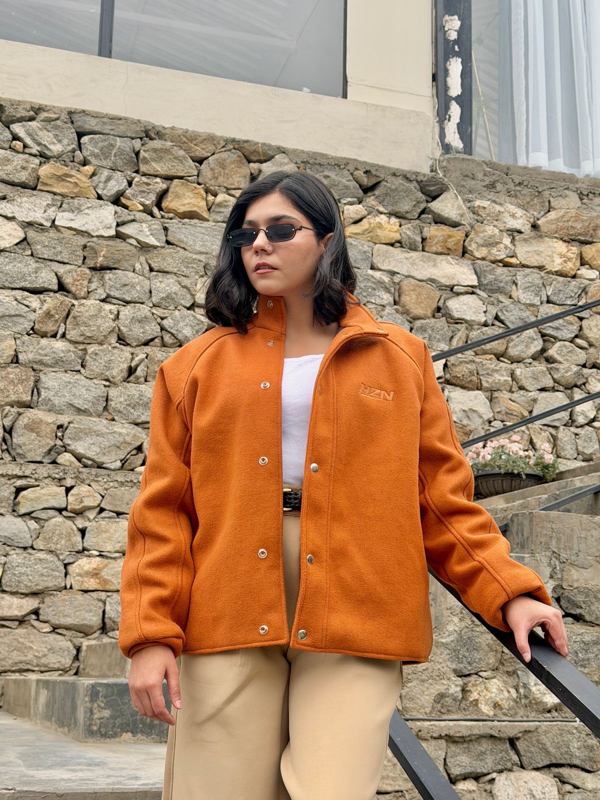 Cognac Wool-Blend Funnel-Neck Jacket & Trouser Set