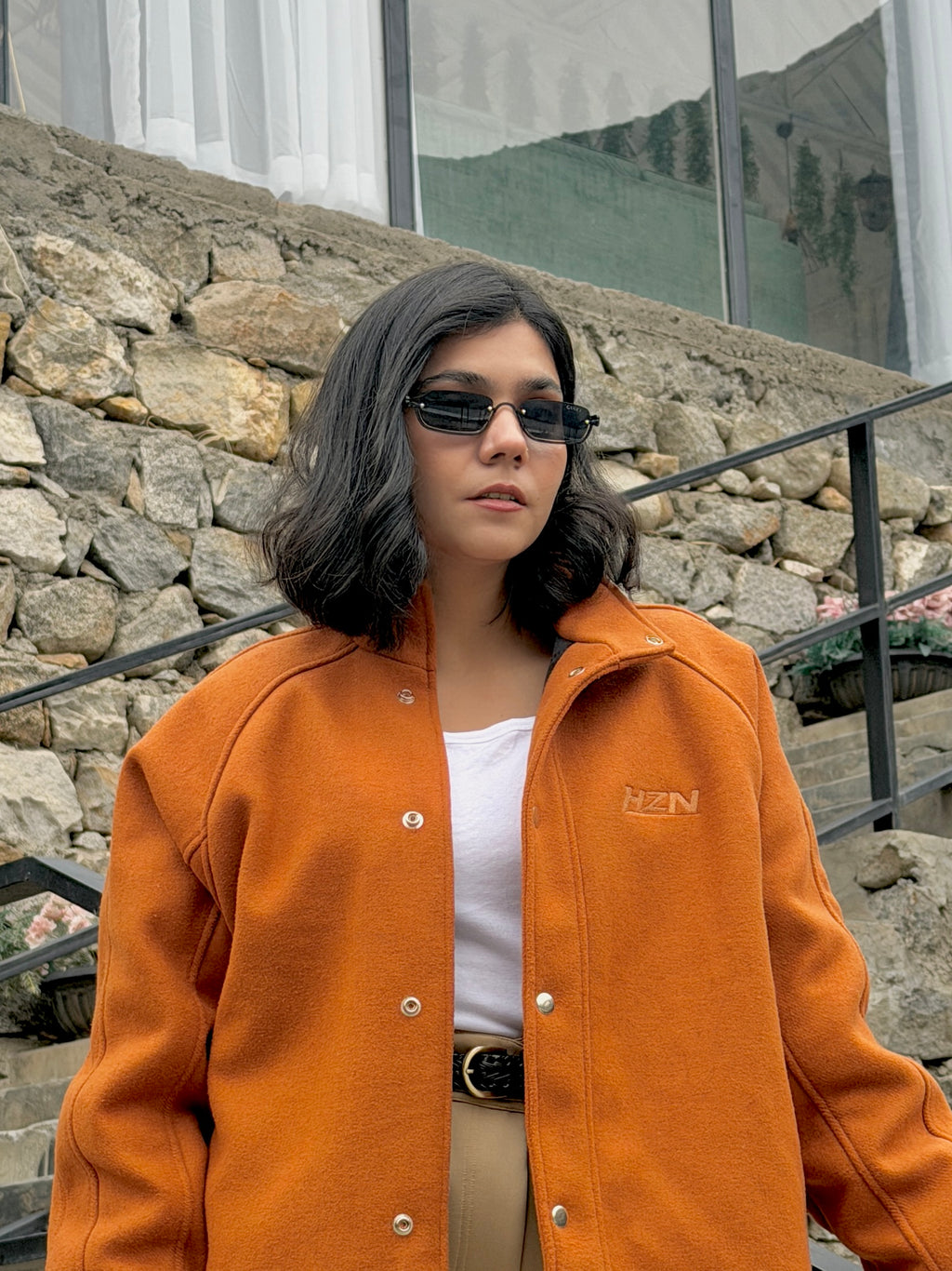 Cognac Wool-Blend Funnel-Neck Jacket & Trouser Set