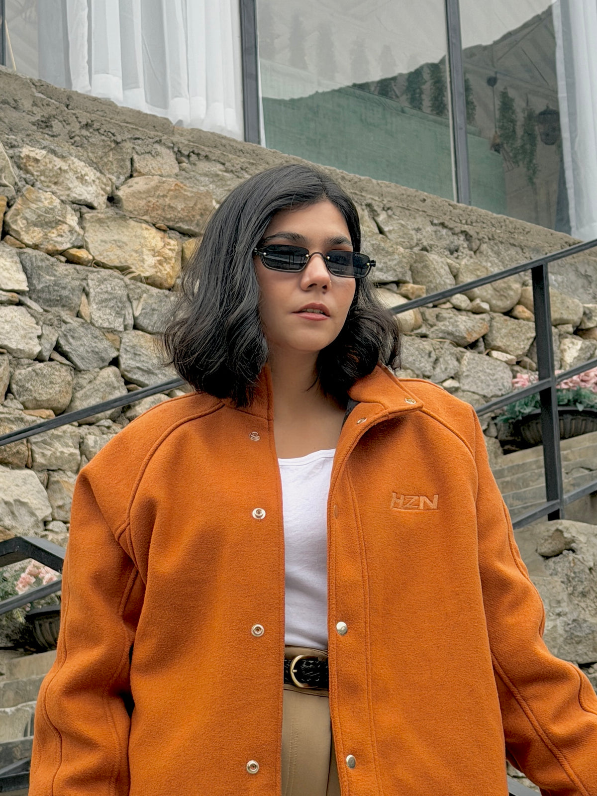 Cognac Wool-Blend Funnel-Neck Jacket & Trouser Set