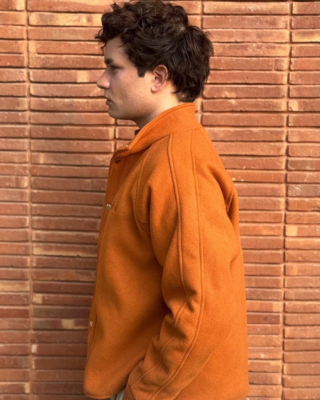 Cognac Funnel-Collar Jacket & Beige Trousers