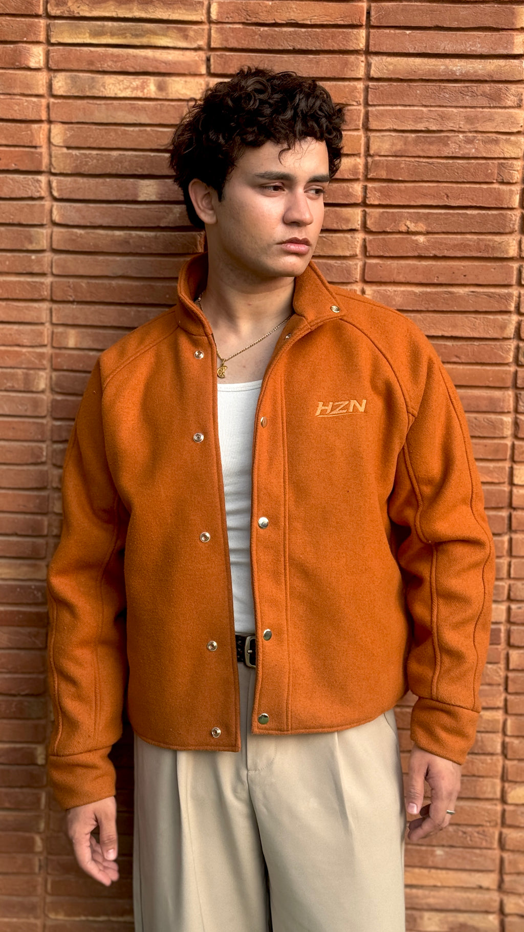 Cognac Funnel-Collar Jacket & Beige Trousers