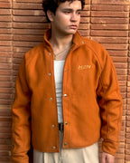 Cognac Funnel-Collar Jacket & Beige Trousers