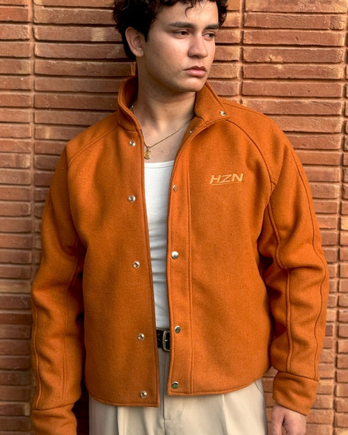Cognac Funnel-Collar Jacket & Beige Trousers