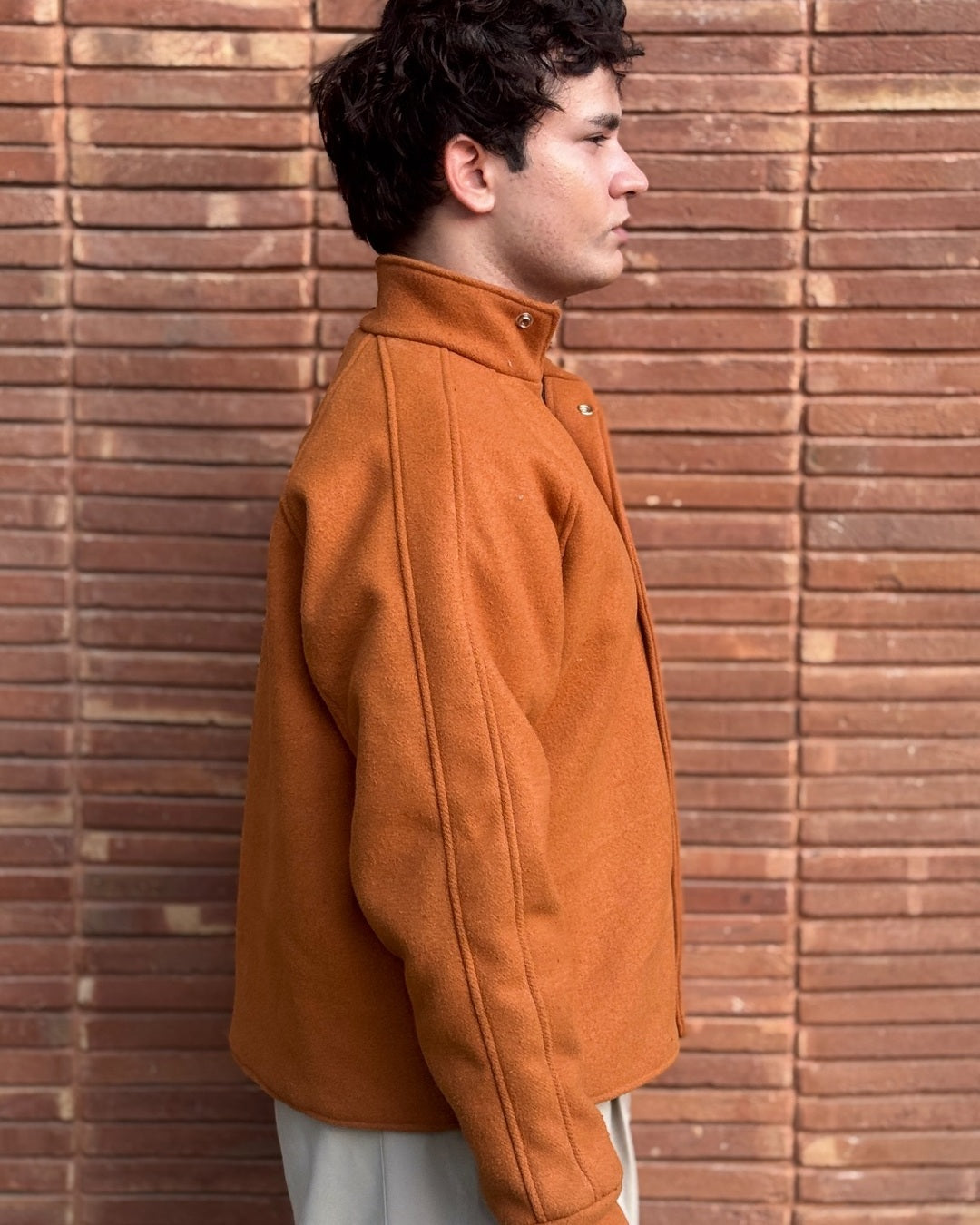 Cognac Funnel-Collar Jacket & Beige Trousers