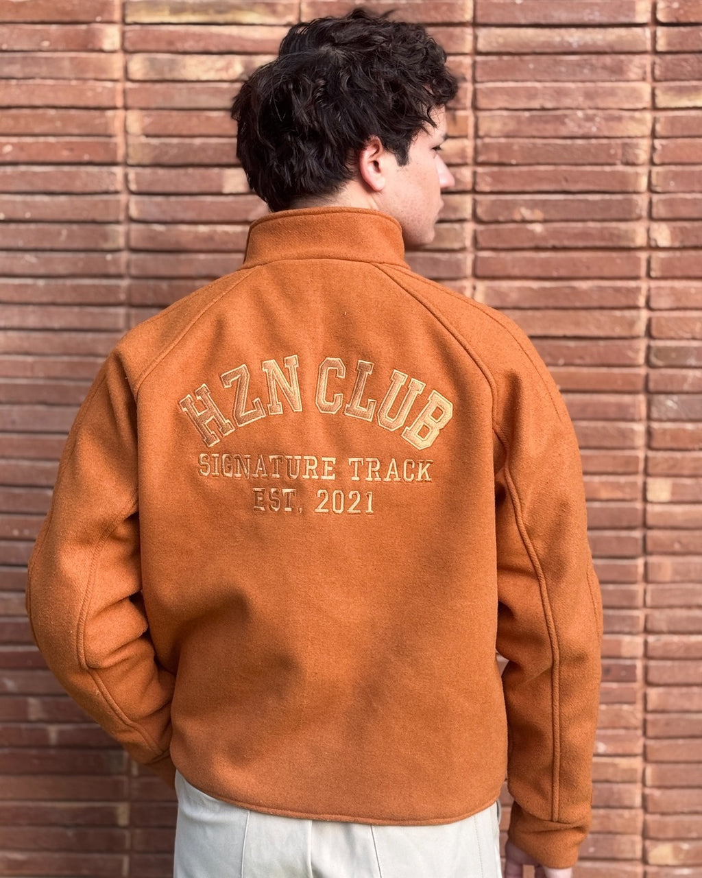 Cognac Funnel-Collar Jacket & Beige Trousers