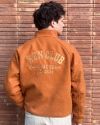 Cognac Funnel-Collar Jacket & Beige Trousers