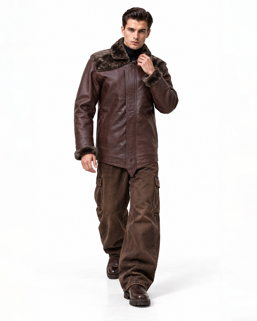 FUR-YOKE LEATHER TRENCH-BOMBER