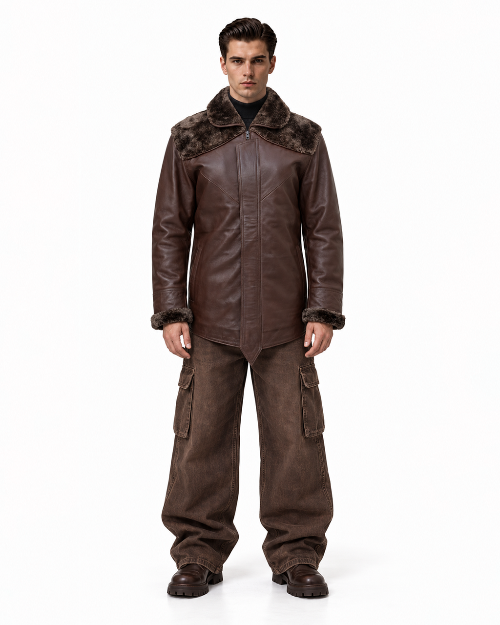 FUR-YOKE LEATHER TRENCH-BOMBER